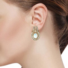 Opal Earrings 14 Kt Yellow Gold 1.70 Ct White Diamonds Channel Set French Clip
