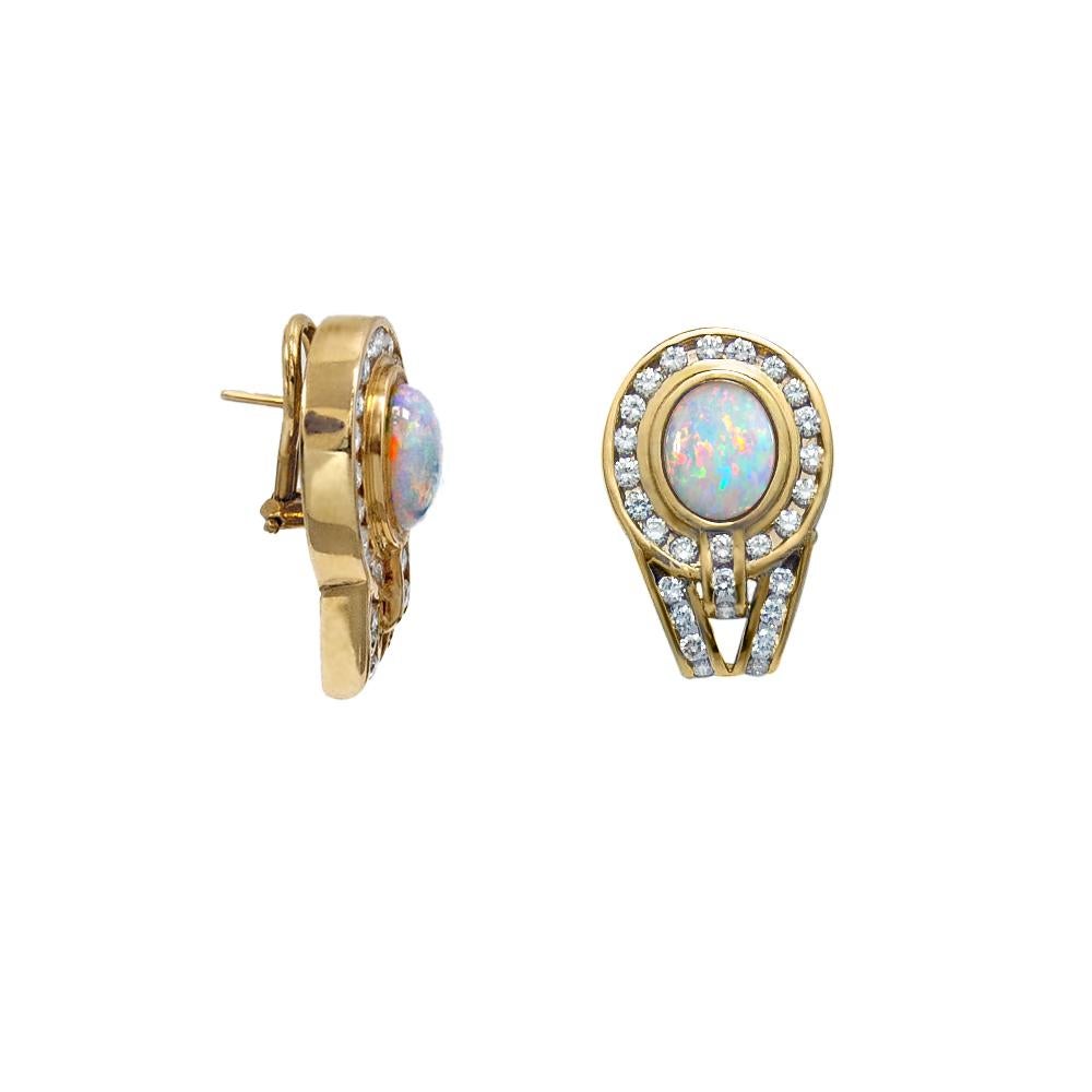 Contemporary Opal Earrings 14 Kt Yellow Gold 1.70 Ct White Diamonds Channel Set French Clip For Sale