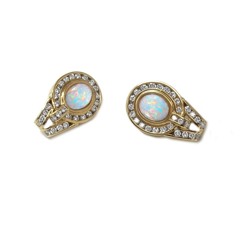 Oval Cut Opal Earrings 14 Kt Yellow Gold 1.70 Ct White Diamonds Channel Set French Clip For Sale