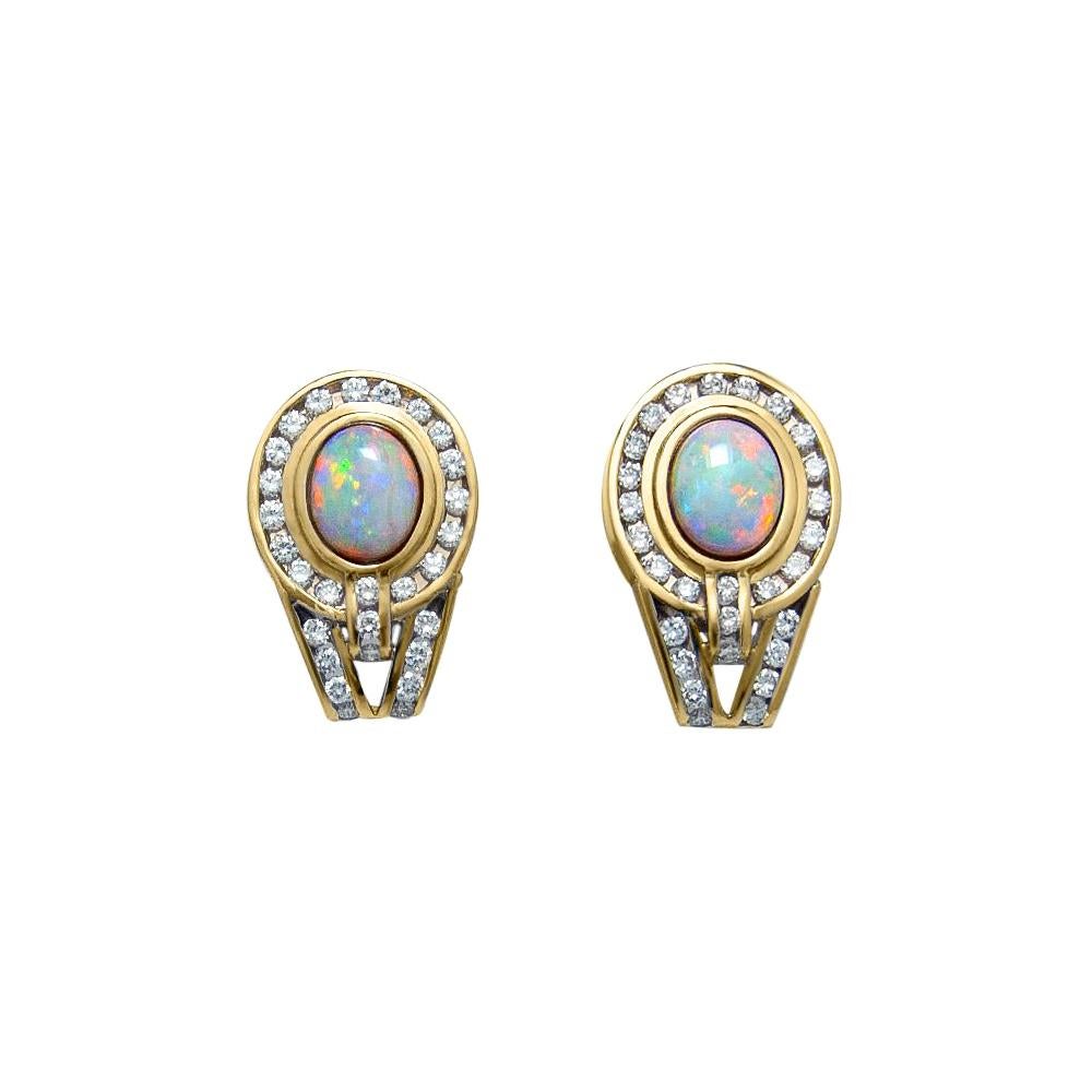 Opal Earrings 14 Kt Yellow Gold 1.70 Ct White Diamonds Channel Set French Clip For Sale
