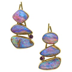 Opal Earrings in Petrified Wood with Grape Garnet in 22 Karat and 18 Karat Gold