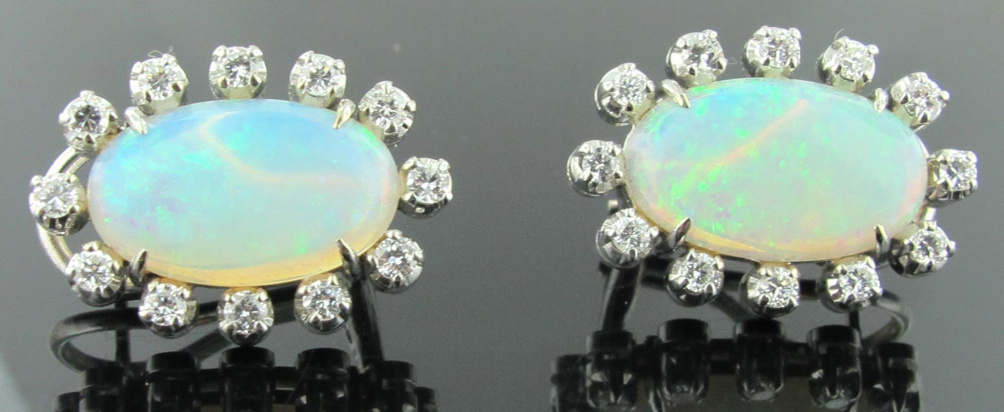 Round Cut Opal Earrings Set in 14 Karat White Gold Surrounded with Diamonds
