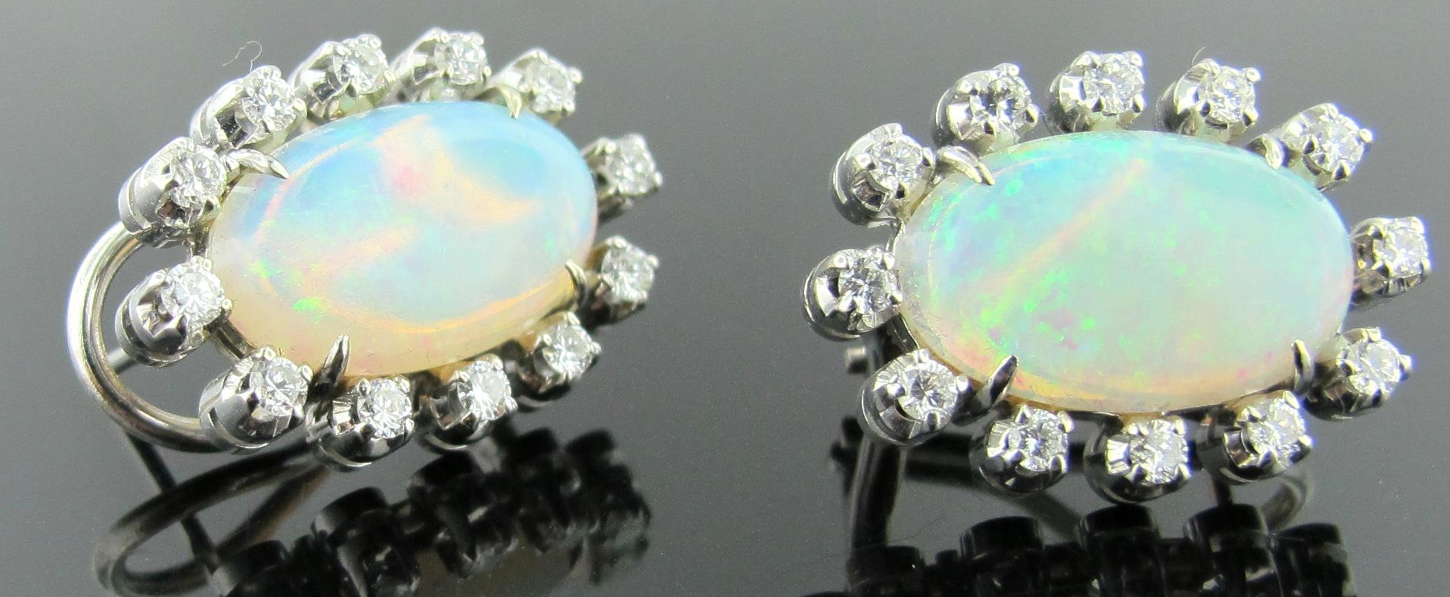 Opal Earrings Set in 14 Karat White Gold Surrounded with Diamonds 1