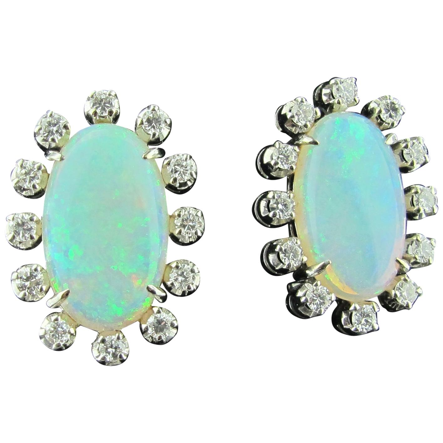 Opal Earrings Set in 14 Karat White Gold Surrounded with Diamonds