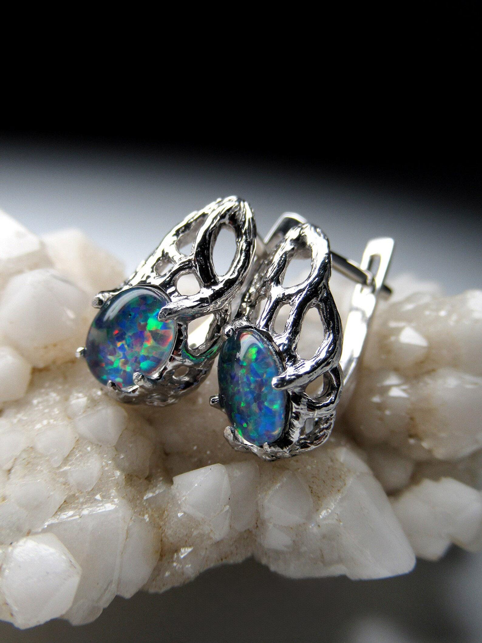 Opal-Ohrringe Silber, Dreifacher australischer Opal, Geschenk zum Geburtstag von Frau (Kunsthandwerker*in) im Angebot