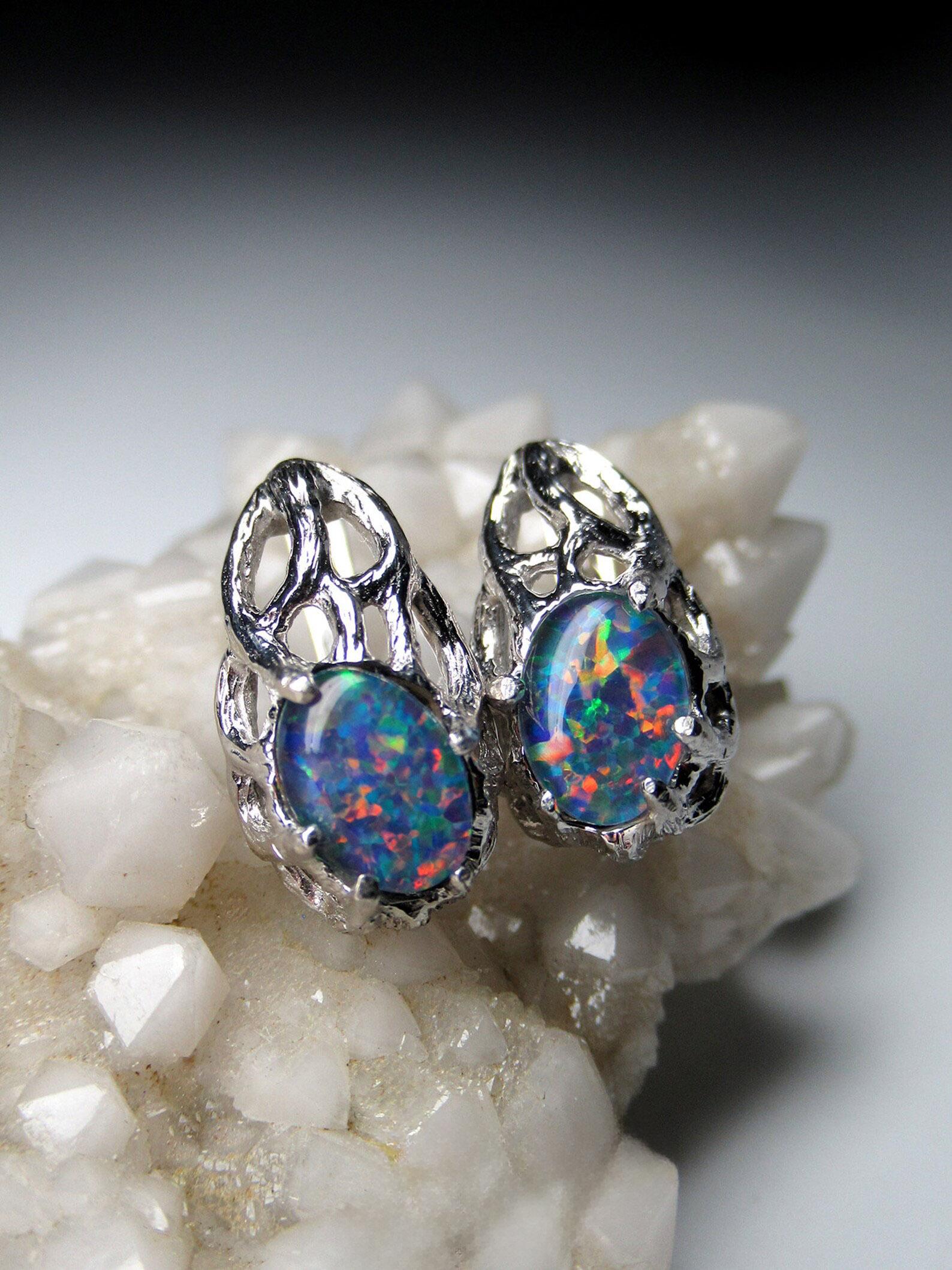 Opal-Ohrringe Silber, Dreifacher australischer Opal, Geschenk zum Geburtstag von Frau (Ovalschliff) im Angebot