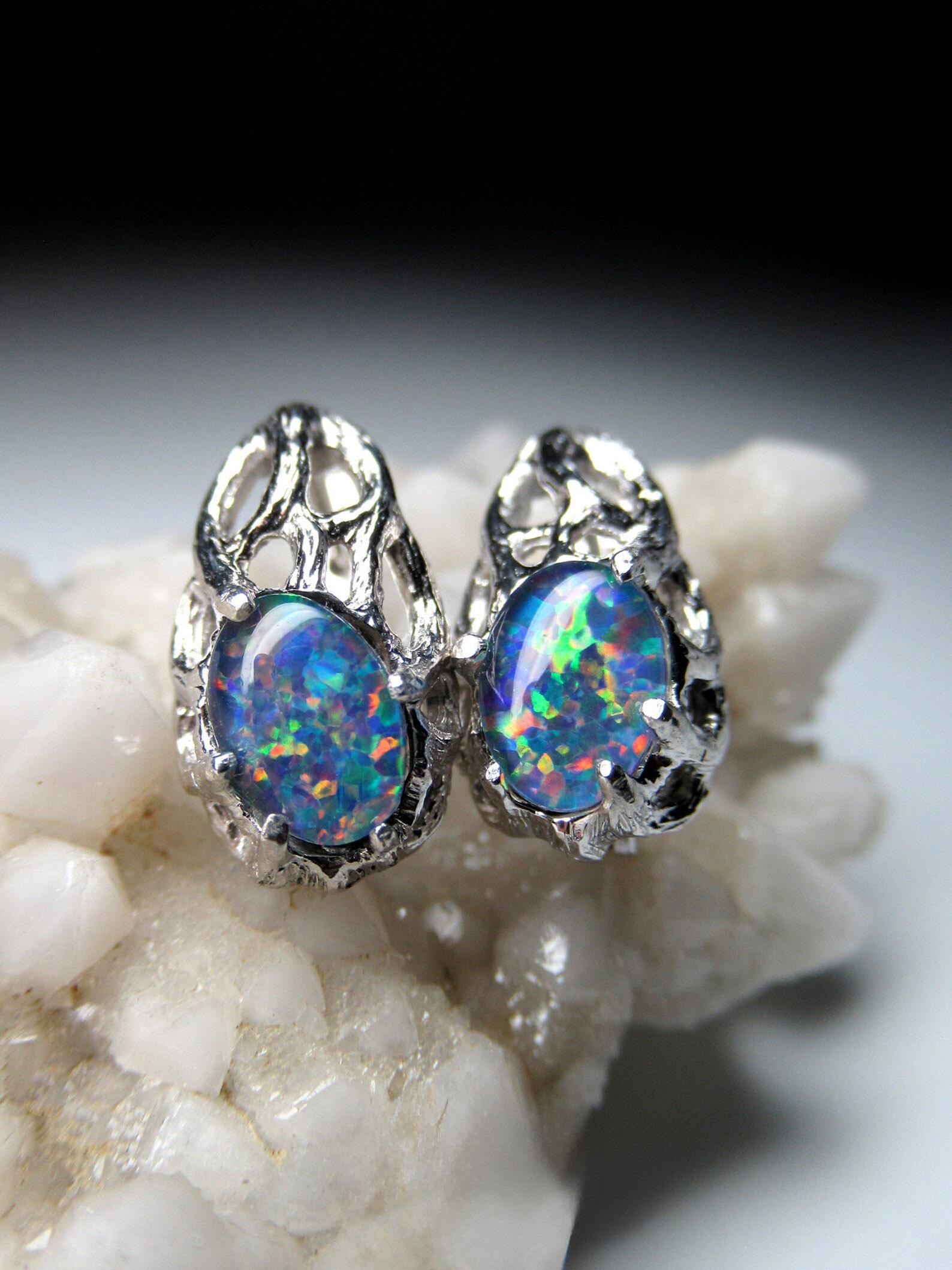 Opal Earrings silver, Triplet of Australian opal, wife birthday gift In New Condition For Sale In Berlin, DE