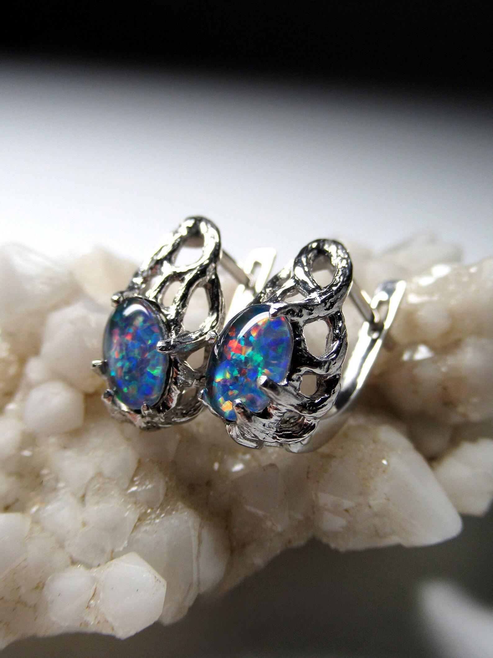 Women's or Men's Opal Earrings silver, Triplet of Australian opal, wife birthday gift For Sale