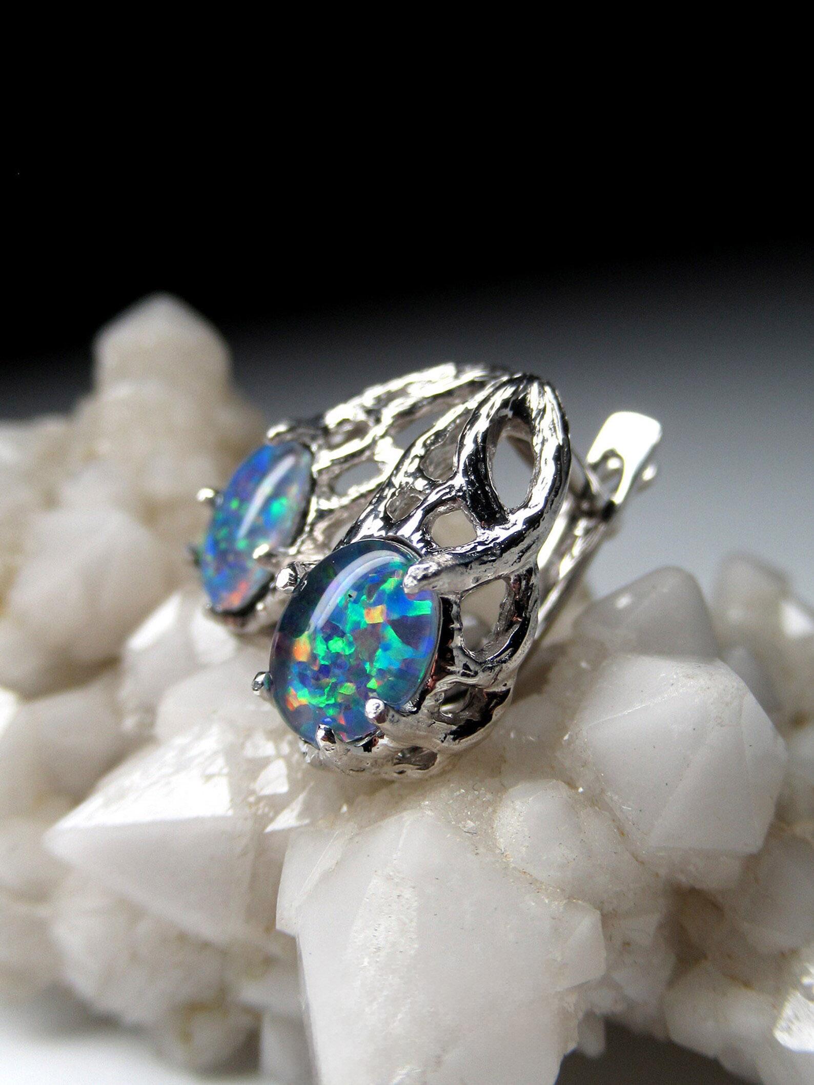 Opal-Ohrringe Silber, Dreifacher australischer Opal, Geschenk zum Geburtstag von Frau im Angebot 1