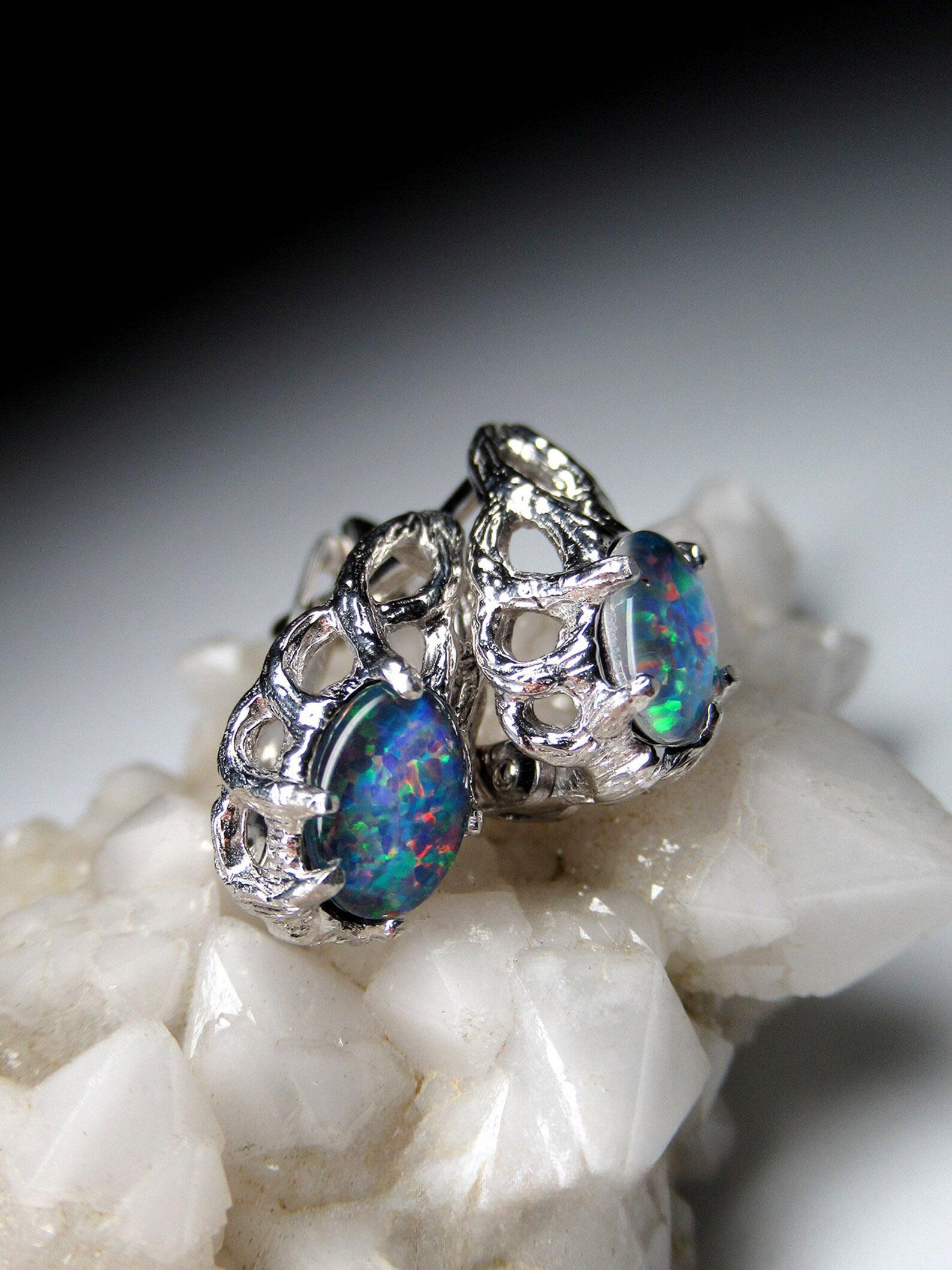 Opal-Ohrringe Silber, Dreifacher australischer Opal, Geschenk zum Geburtstag von Frau im Angebot 3