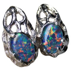 Boucles d'oreilles argentées, triplet d'opales australiennes, cadeau d'anniversaire pour femme