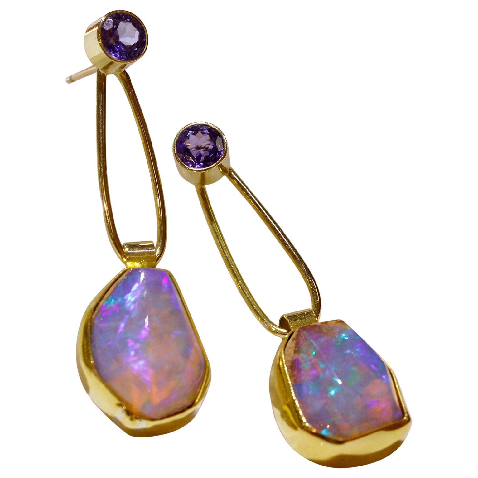 Opal Earrings, Tanzanite, Jennifer Kalled, 18 Karat, 22 Karat Gold