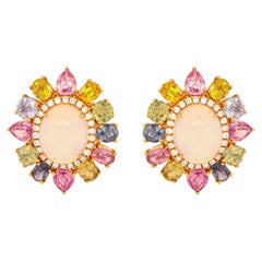 Opal Earrings with Colored Stones and White Diamond Halo 18K Gold