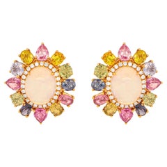 Opal Earrings with Colored Stones and White Diamond Halo 18k Gold