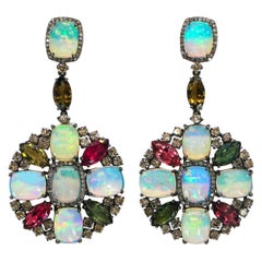 Opal Earrings with Tourmalines and Diamonds