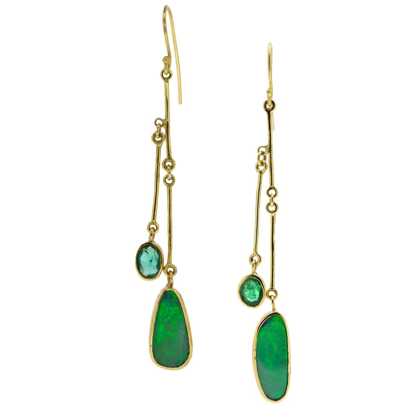 Opal Emerald Gold Earrings For Sale