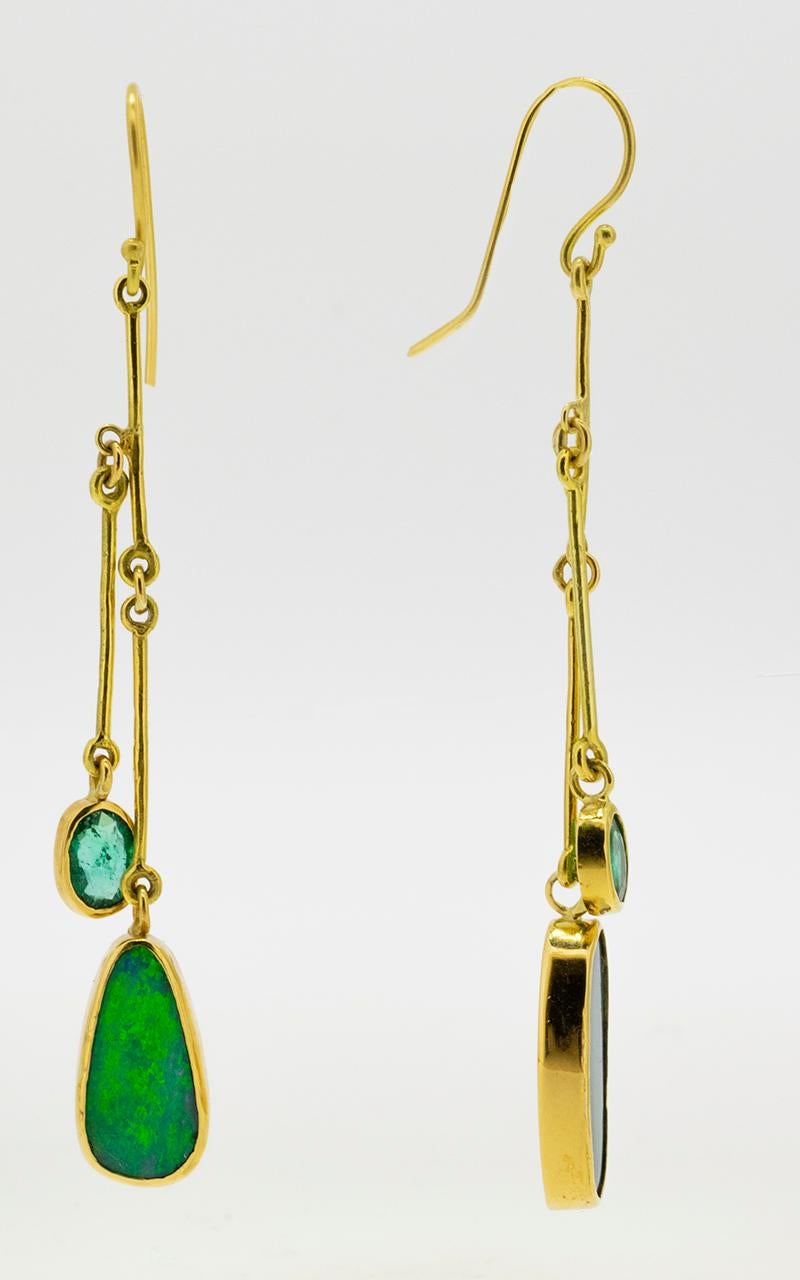 Oval Cut Opal Emerald Gold Earrings For Sale
