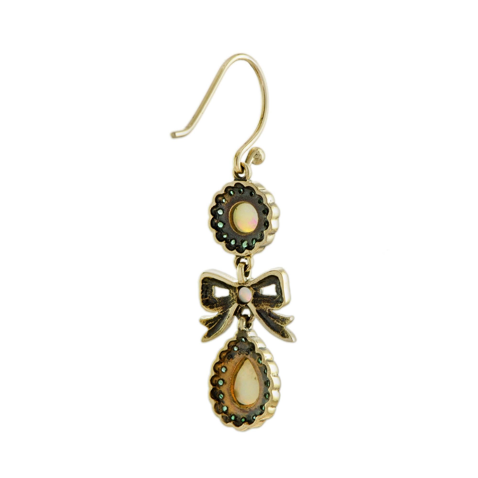 Pear Cut Opal & Emerald Accent Vintage Style Bow Drop 9K Yellow Gold Earrings For Sale