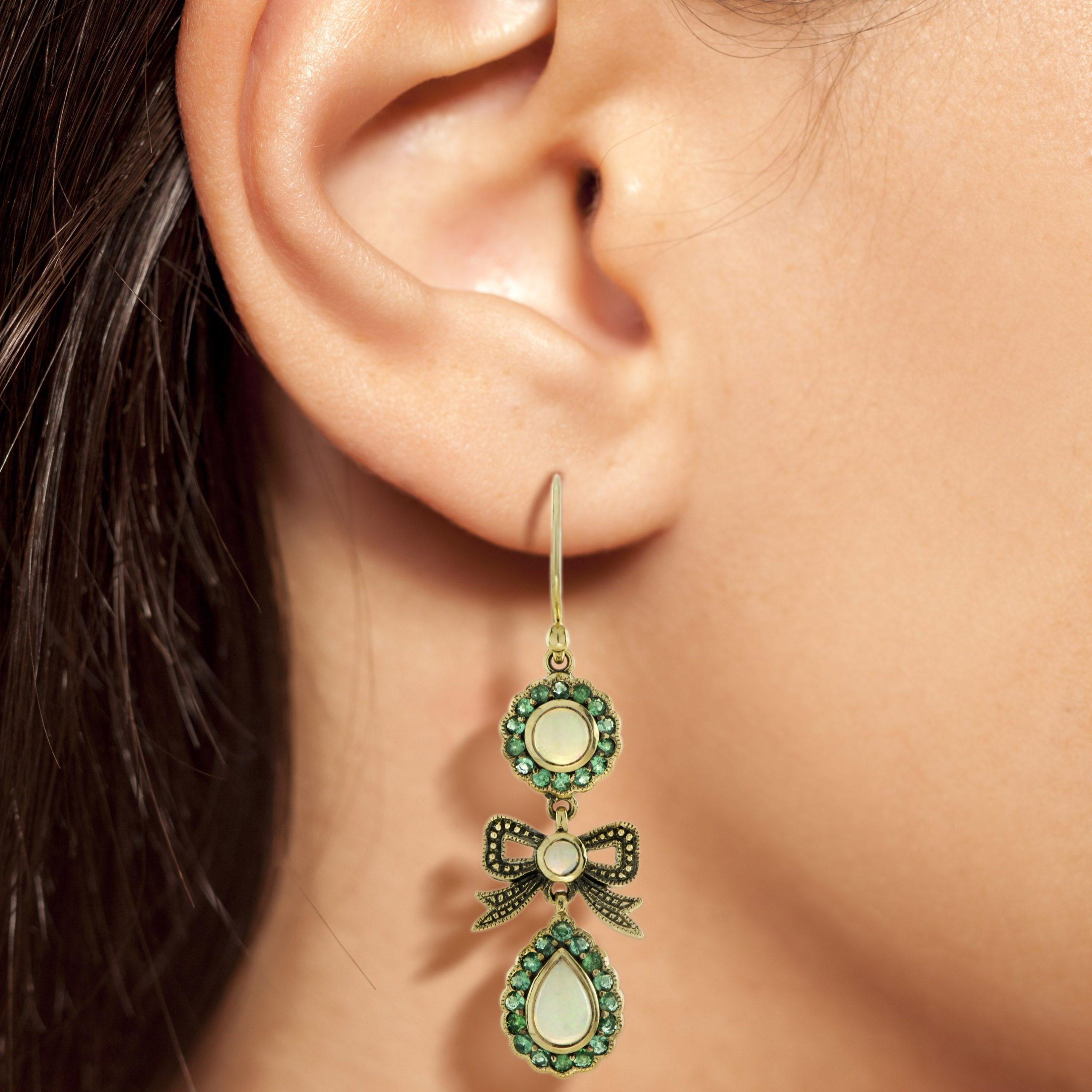 Opal & Emerald Accent Vintage Style Bow Drop 9K Yellow Gold Earrings In New Condition For Sale In Oakton, VA