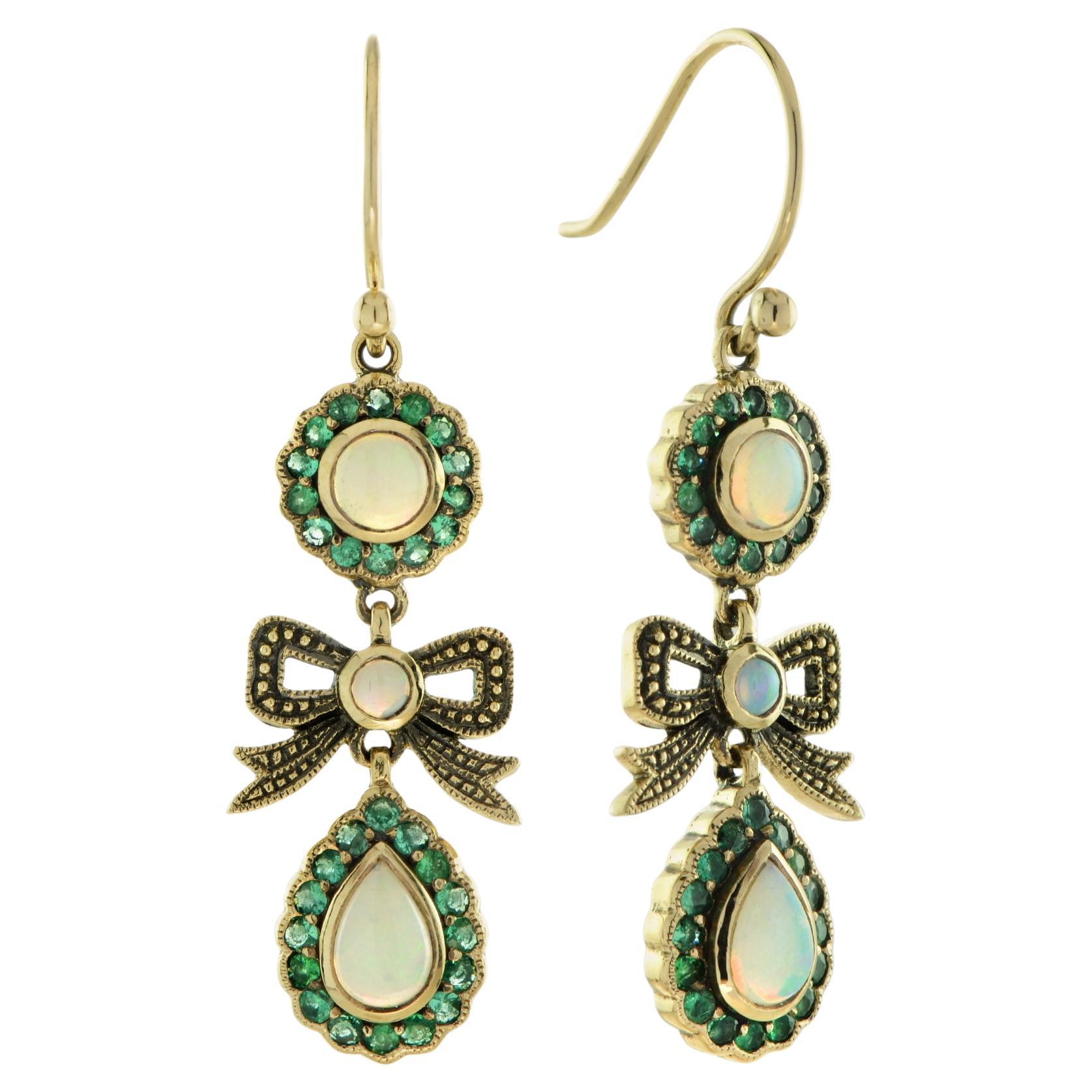 Opal & Emerald Accent Vintage Style Bow Drop 9K Yellow Gold Earrings For Sale