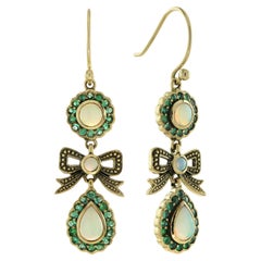 Opal & Emerald Accent Vintage Style Bow Drop 9K Yellow Gold Earrings