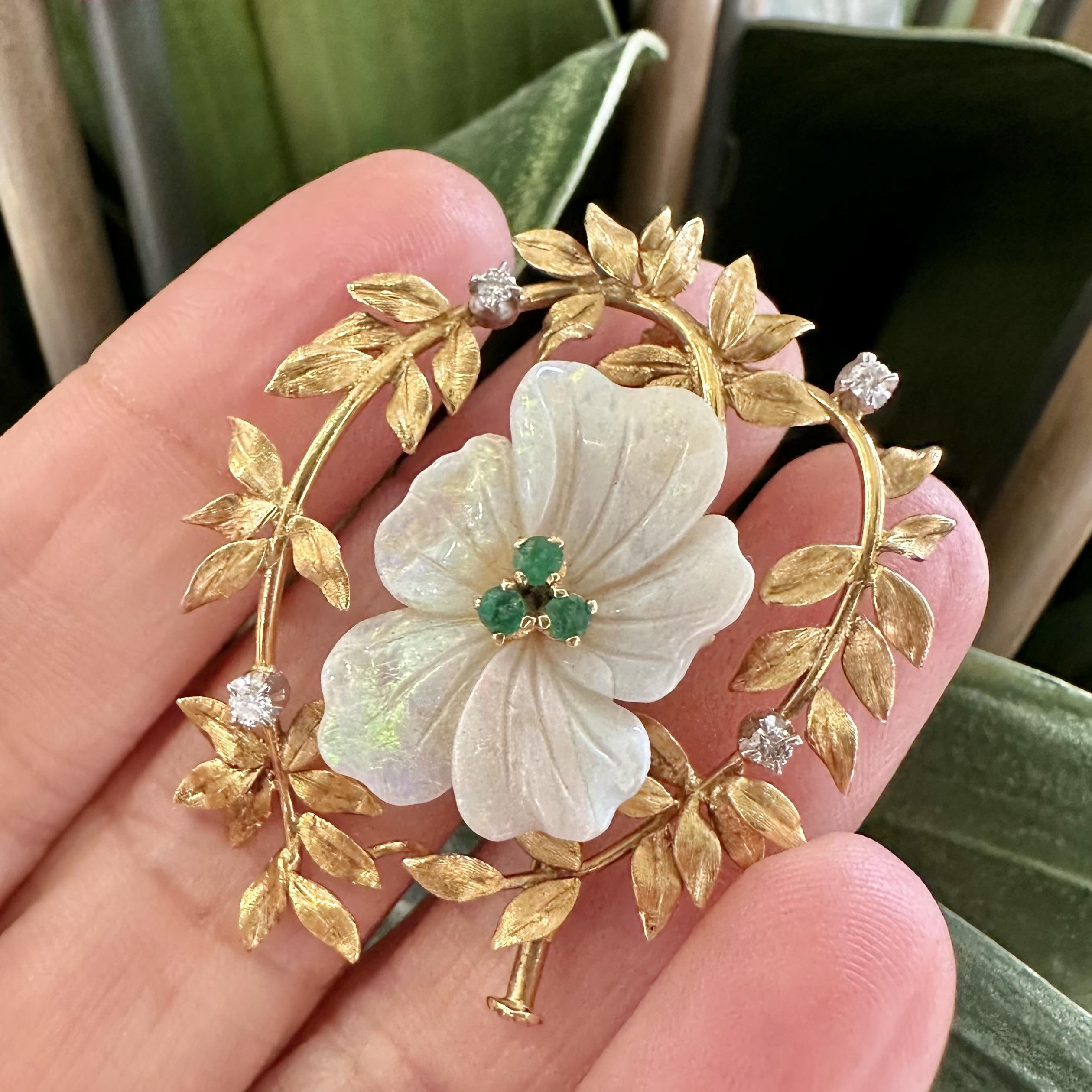 Style: Brooch / Pin
Material: Yellow Gold
Metal Purity: 18k
Stones: Diamonds, Emerald, and Opal
Total Item Weight (grams): 8.7
Dimensions: 1.75” x 1.5”
Hallmarks: ITALY 750