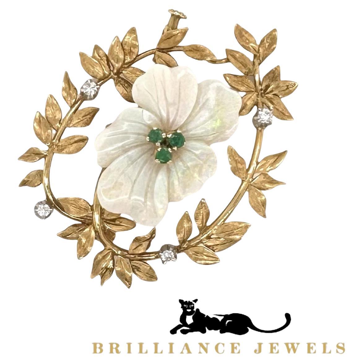 Opal Emerald and Diamant Flower Brooch / Pin in 18k Yellow Gold