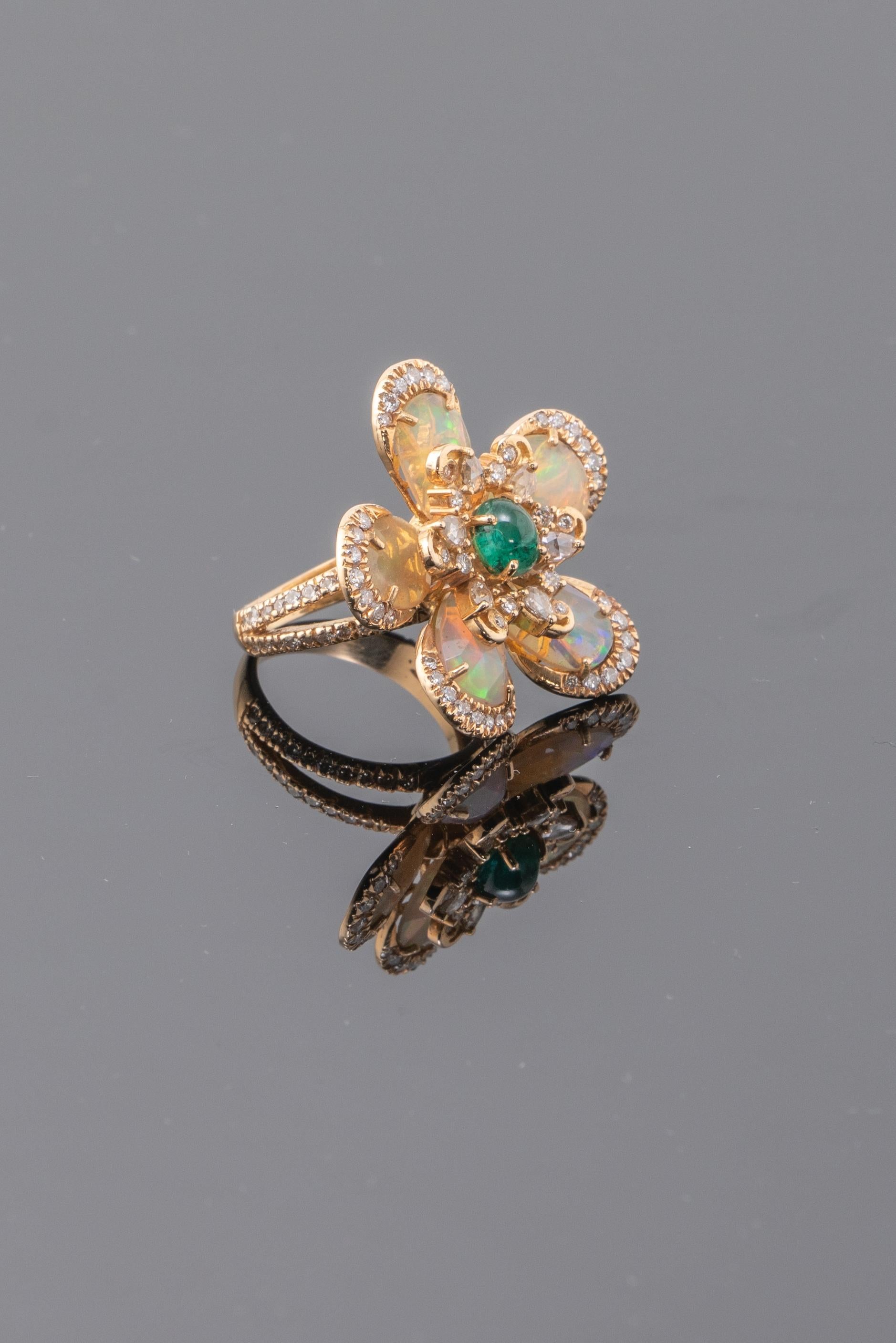 Art Deco Opal, Emerald and Diamond 18k Gold Floral Cocktail Ring For Sale