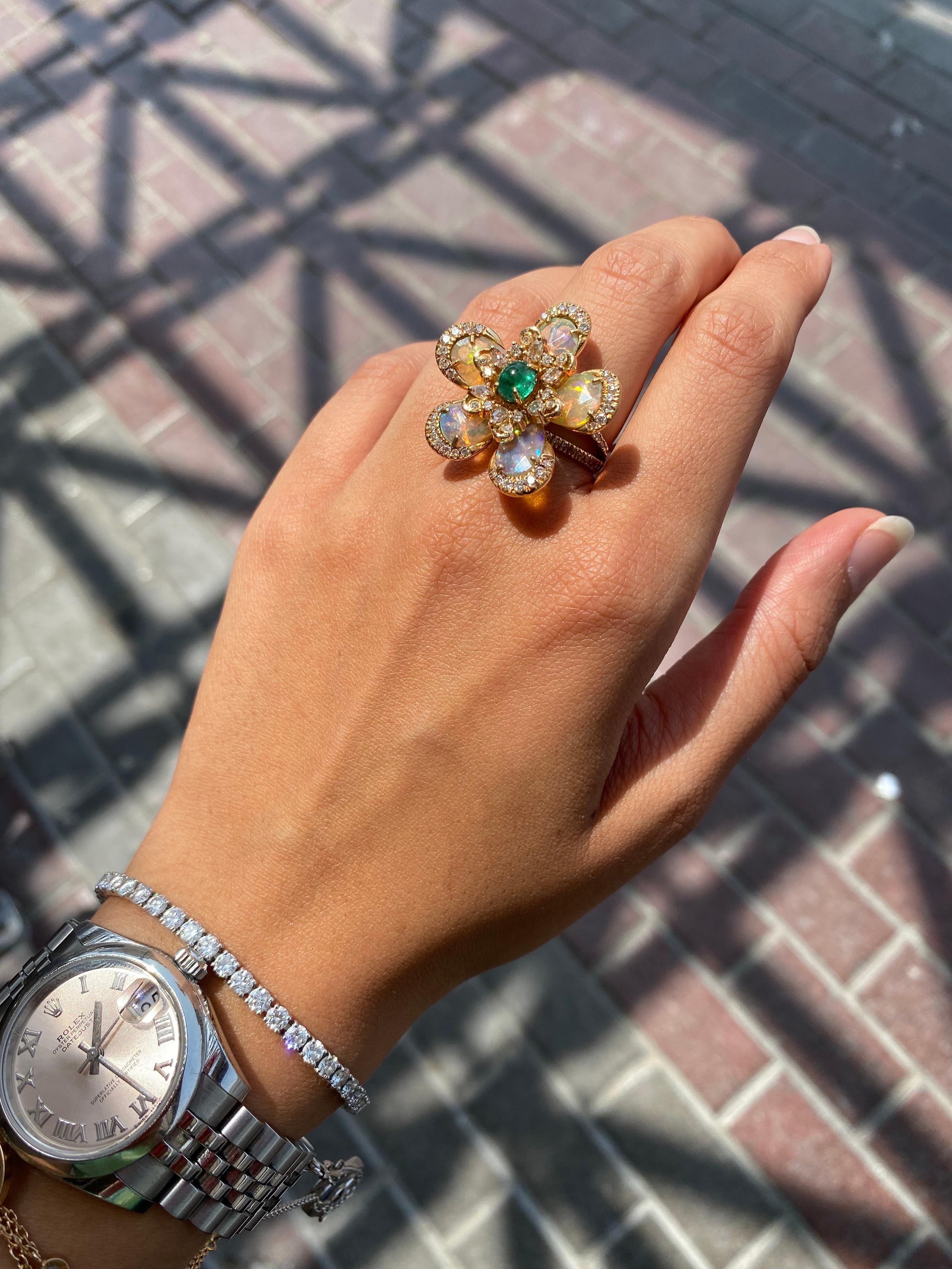 Women's or Men's Opal, Emerald and Diamond 18k Gold Floral Cocktail Ring For Sale