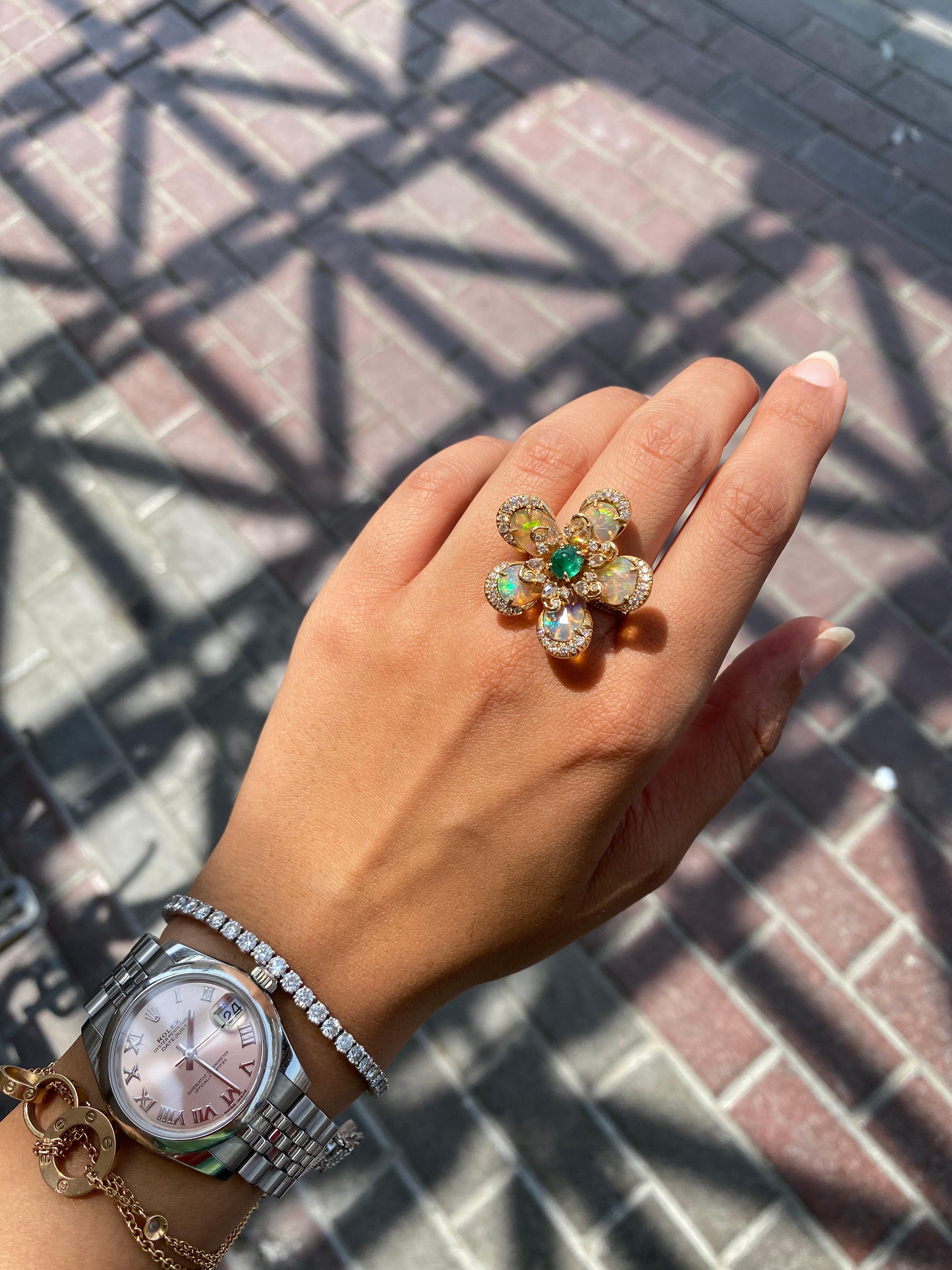 Opal, Emerald and Diamond 18k Gold Floral Cocktail Ring For Sale 1