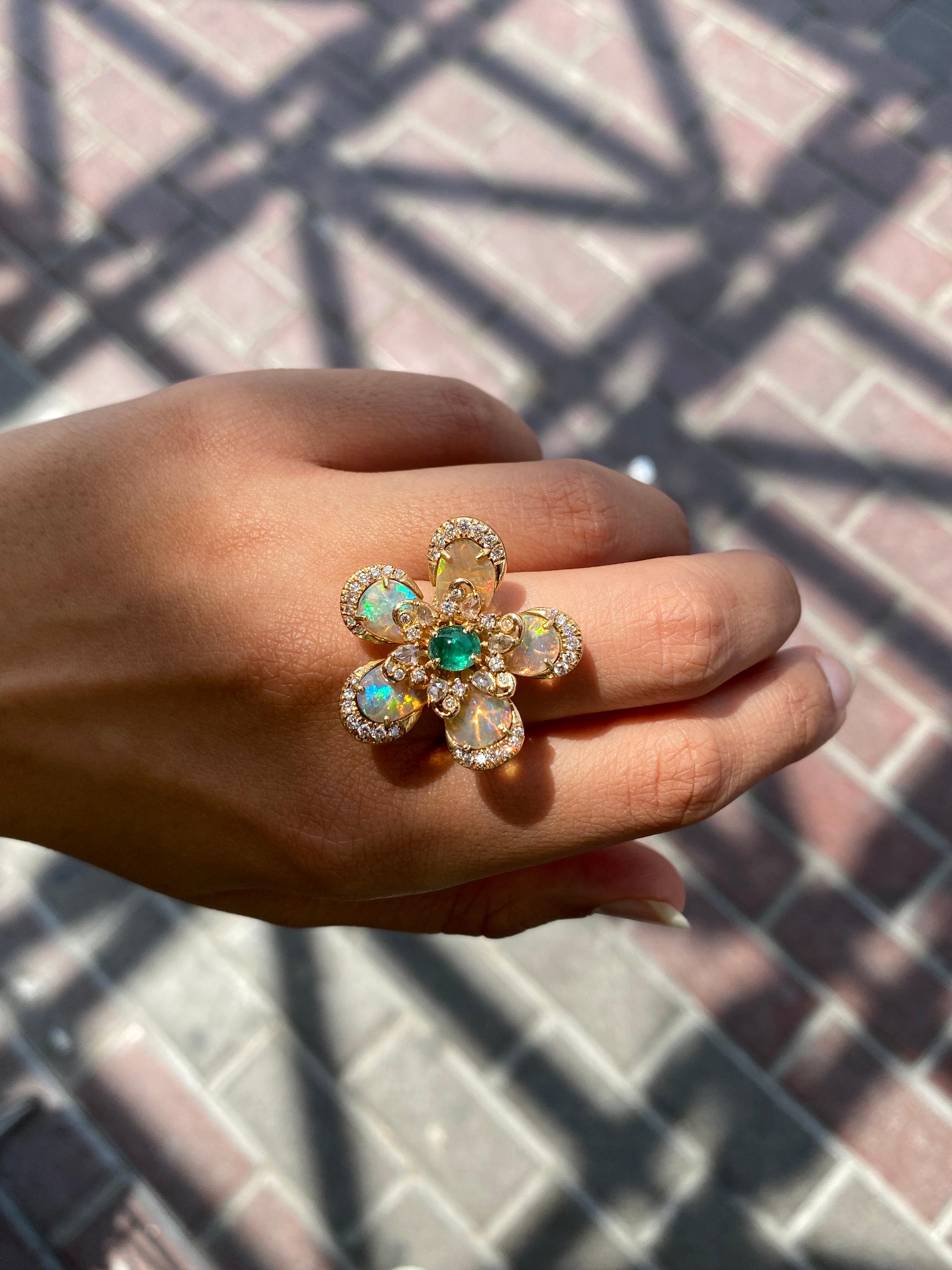 Opal, Emerald and Diamond 18k Gold Floral Cocktail Ring For Sale 2