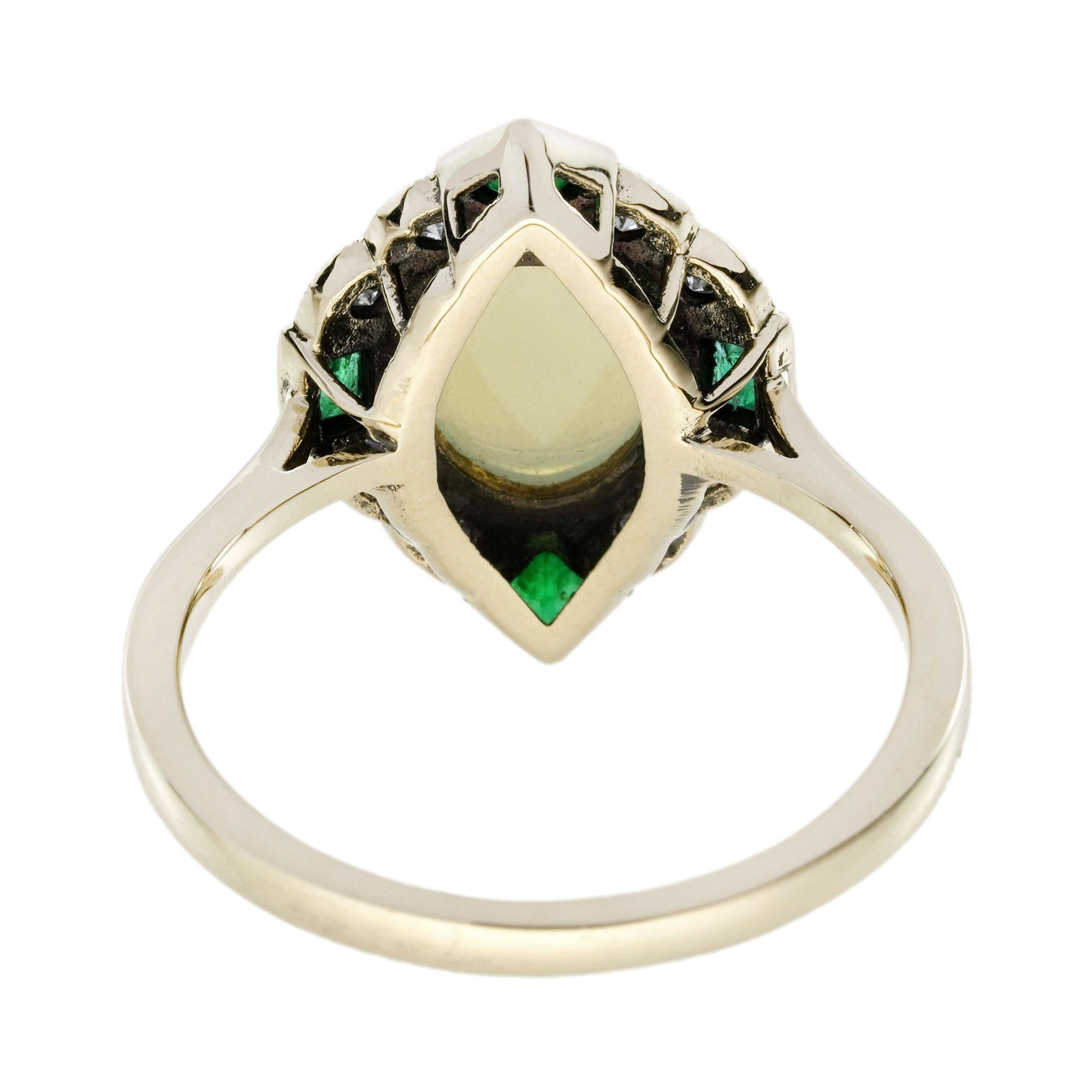 Bague halo en or jaune 14 carats, opale, émeraude et diamant de style Art déco en vente 4