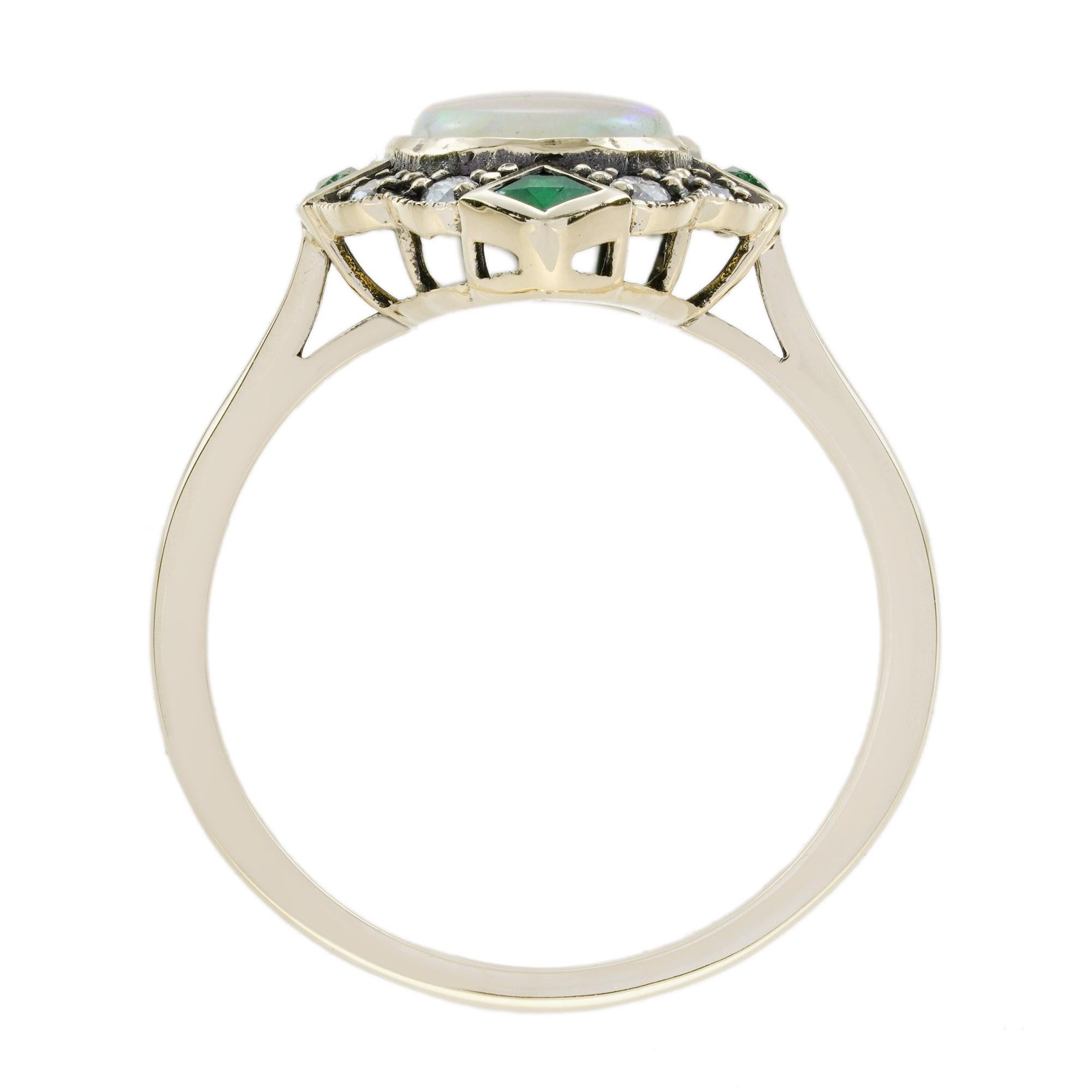Bague halo en or jaune 14 carats, opale, émeraude et diamant de style Art déco en vente 5