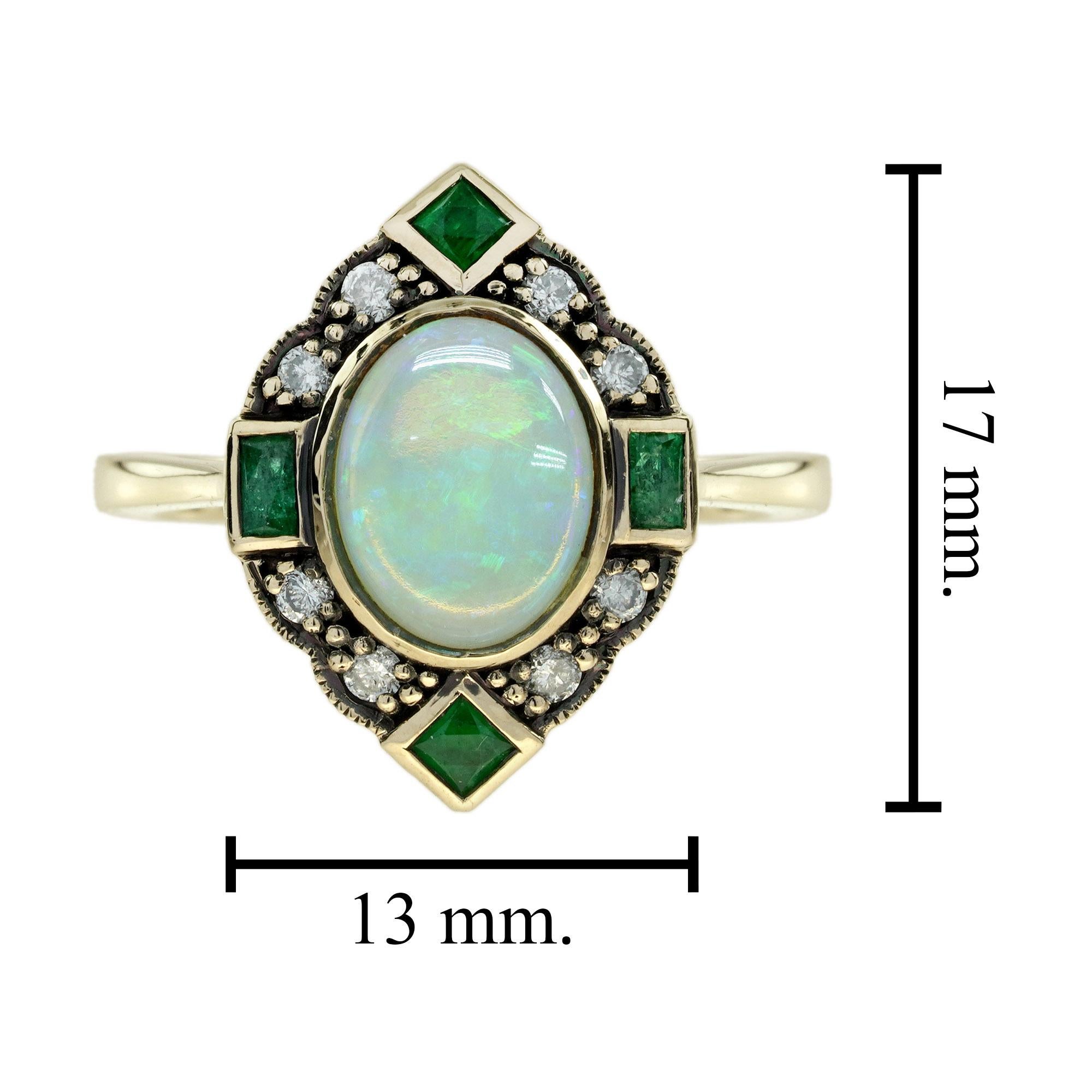 Bague halo en or jaune 14 carats, opale, émeraude et diamant de style Art déco en vente 6