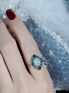 Opal Emerald and Diamond Art Deco Style Halo Ring in 14K Yellow Gold