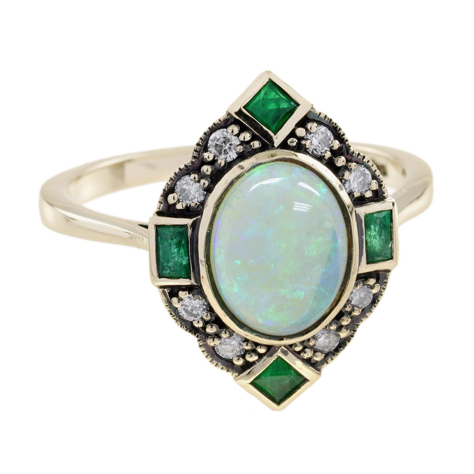 Bague halo en or jaune 14 carats, opale, émeraude et diamant de style Art déco en vente 2