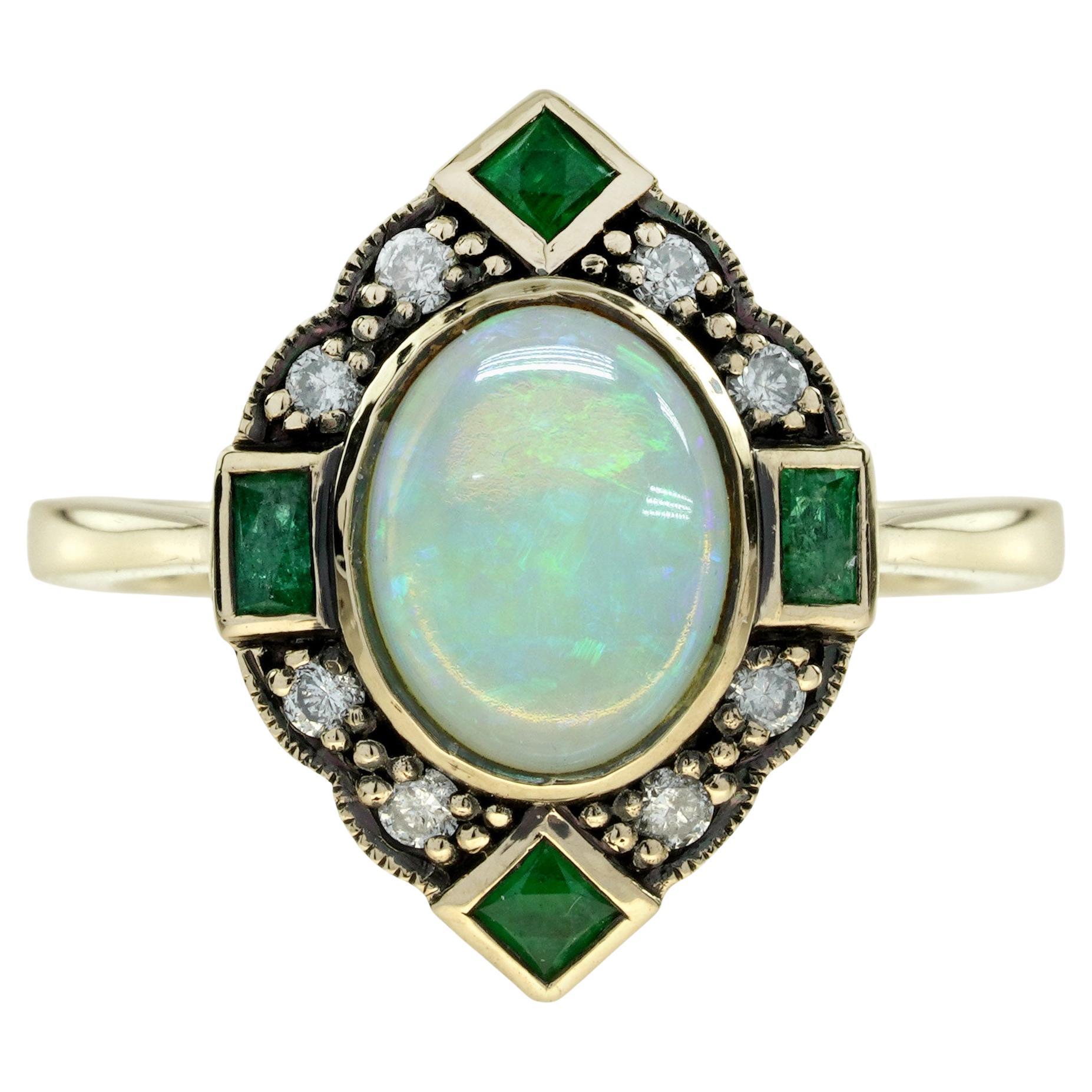 Bague halo en or jaune 14 carats, opale, émeraude et diamant de style Art déco en vente