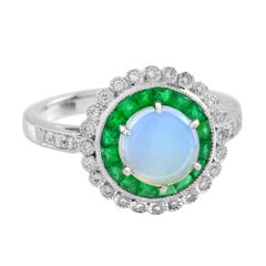 Opal Emerald and Diamond Art Deco Style Target Engagement Ring in 18K White Gold