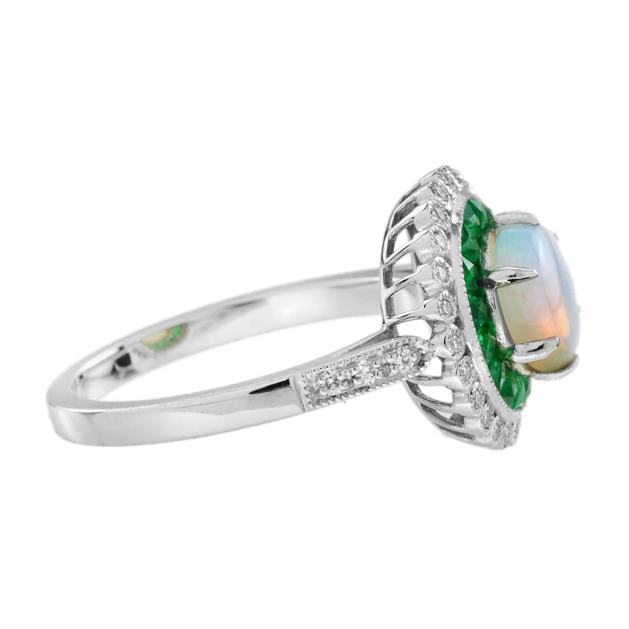 Anillo de Compromiso de Esmeralda Ópalo y Diamante Blanco Estilo Art Decó en Oro Blanco de 18 K Corte redondo en venta