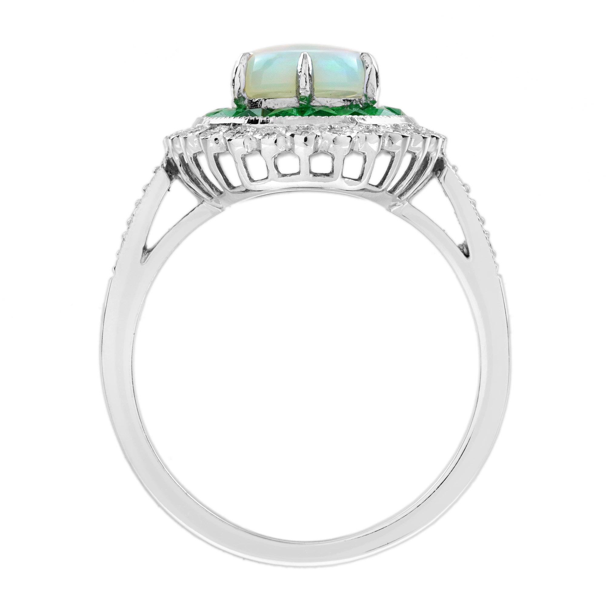 De las mujeres Anillo de Compromiso de Esmeralda Ópalo y Diamante Blanco Estilo Art Decó en Oro Blanco de 18 K en venta