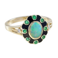 Opal & Emerald and Diamond Black Enamel Art Deco Style Halo Gold Ring