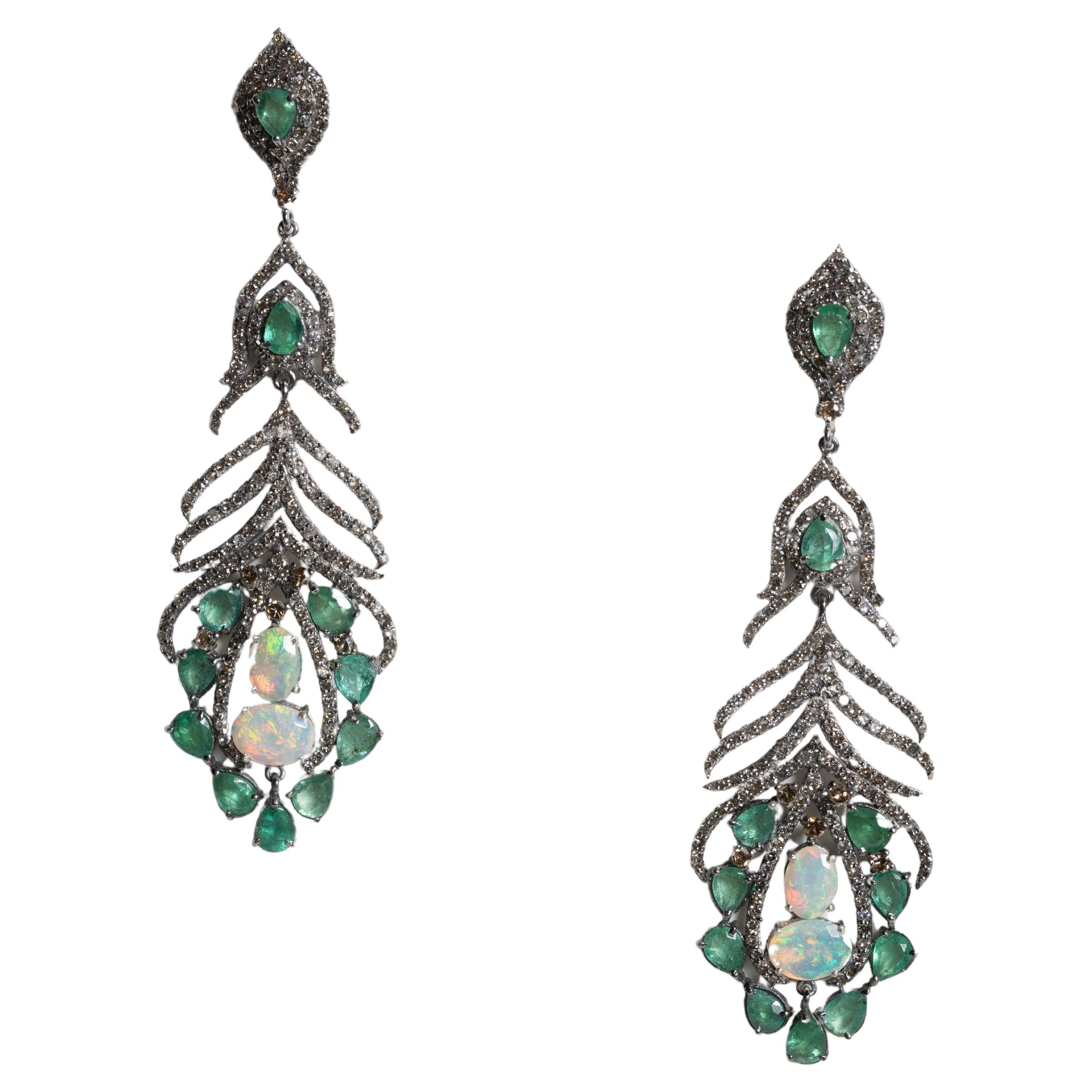 Opal, Emerald and Diamond Chandelier Dangle Earrings For Sale