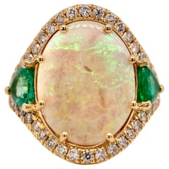 Opal, Emerald and Diamond Cocktail Fashion Ring in Stock