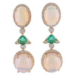 Opal, Emerald and Diamond Earrings Studded in 18 Karat Yellow Gold