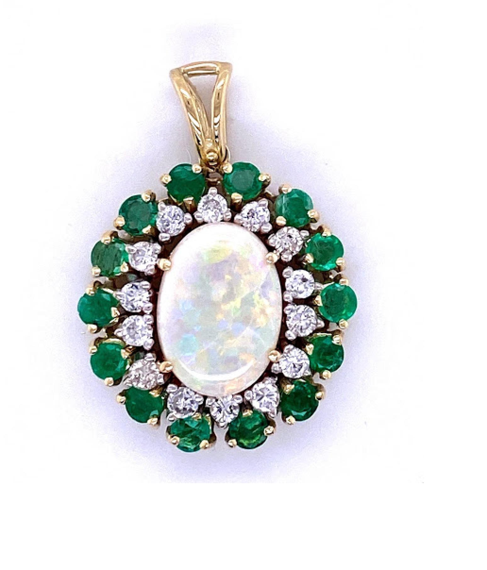 Oval Cut Opal, Emerald, and Diamond Pendant