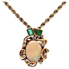 Opal Emerald and Diamond Pendant Necklace