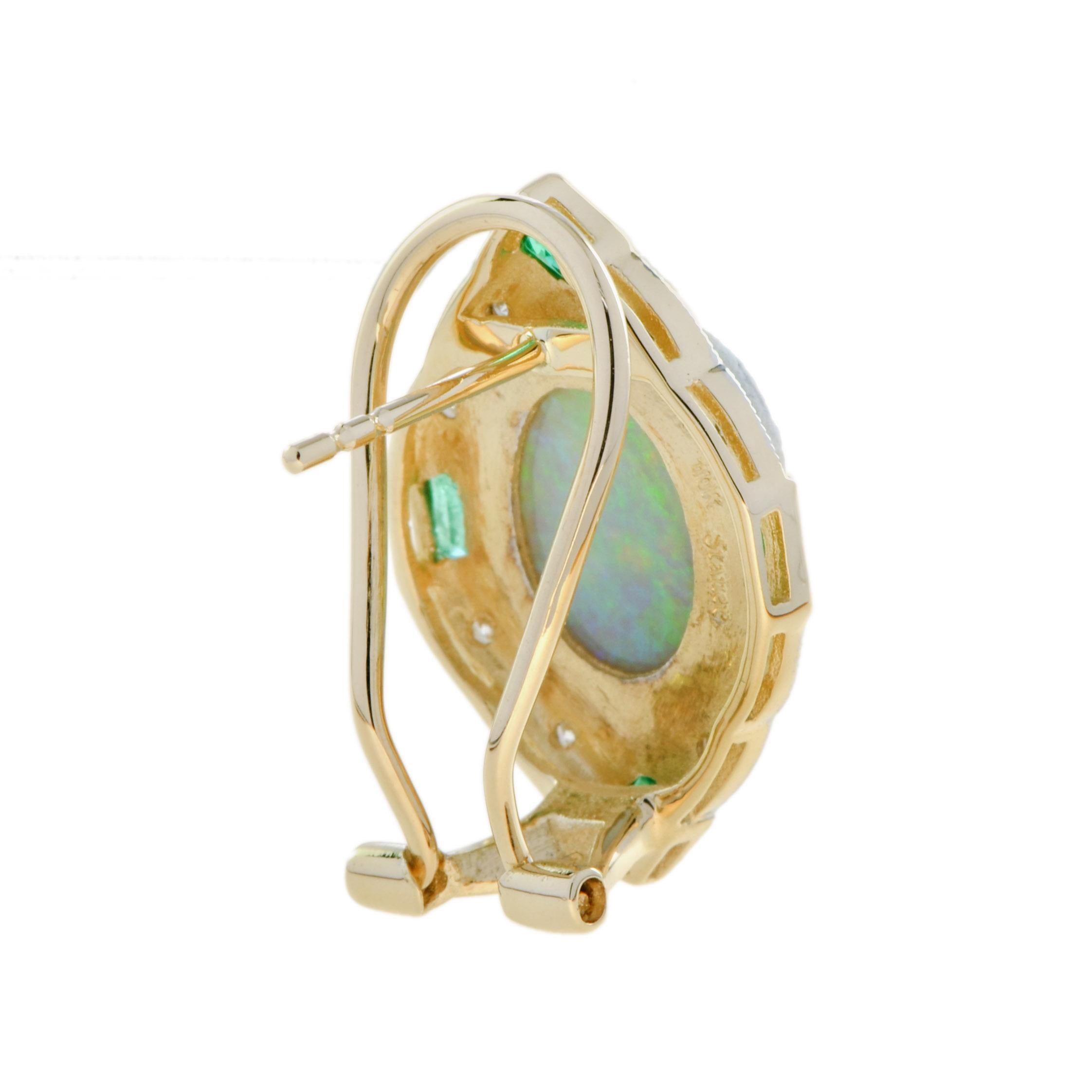 Art Deco Opal Emerald and Diamond Vintage Inspired Earrings in 14K Yellow Gold For Sale