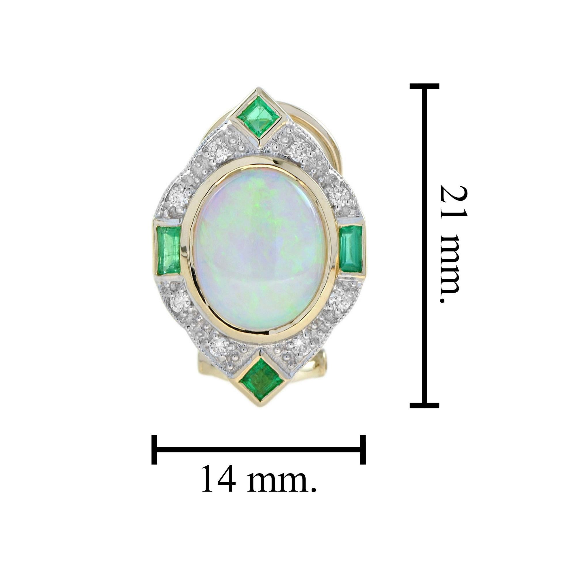 Oval Cut Opal Emerald and Diamond Vintage Inspired Earrings in 14K Yellow Gold For Sale