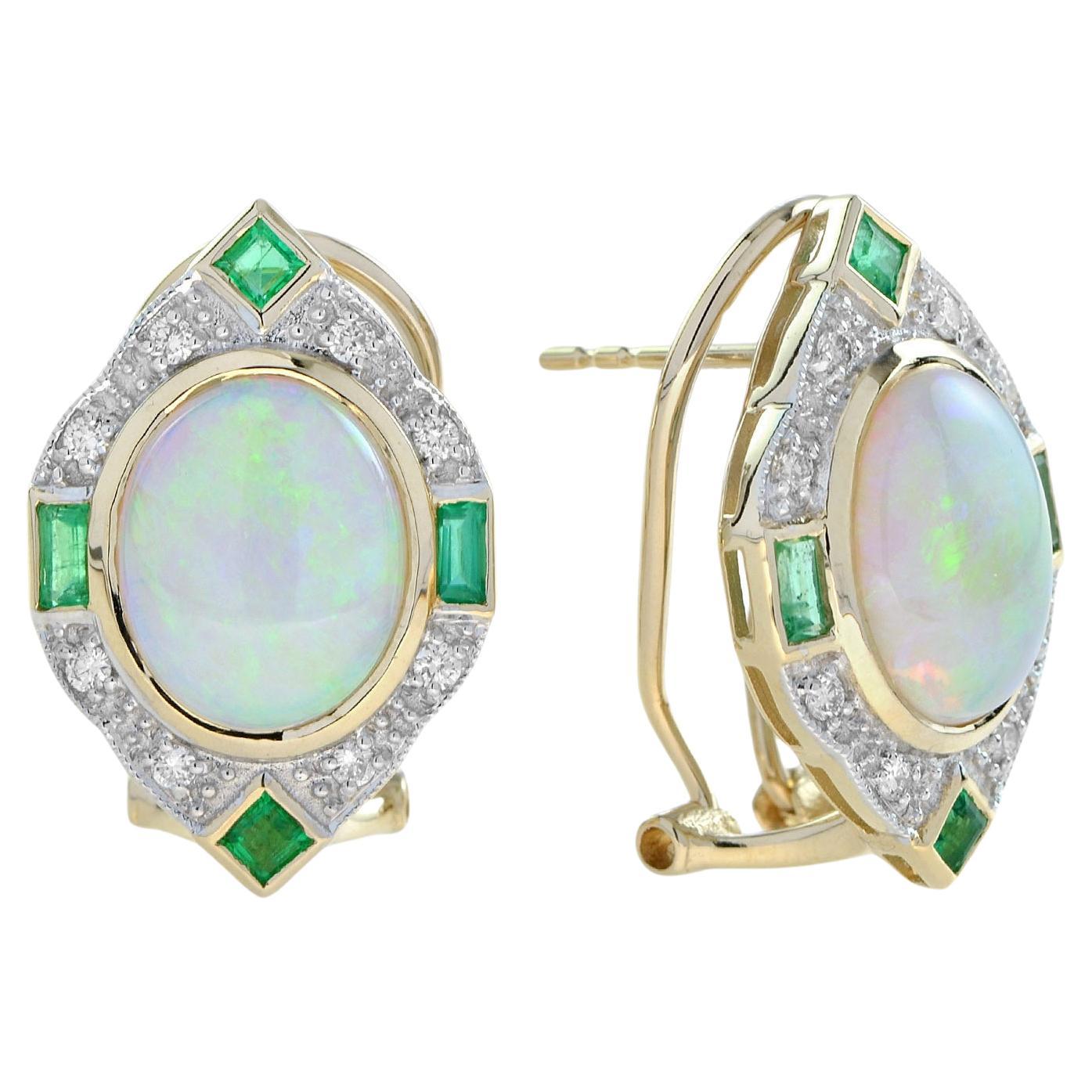 Opal Emerald and Diamond Vintage Inspired Earrings in 14K Yellow Gold For Sale