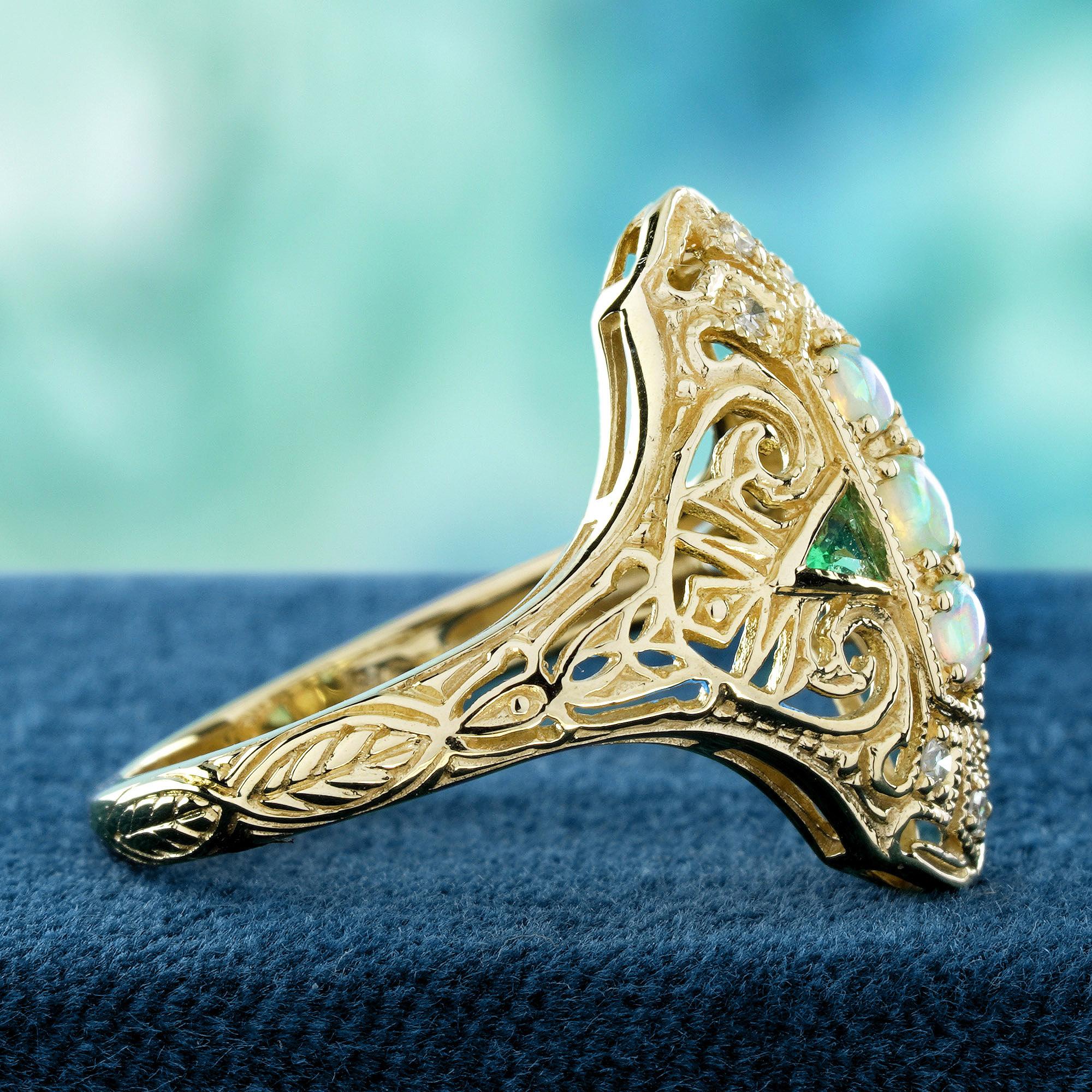 Taille ronde Opal Emerald and Diamond Vintage Style Three Stones Ring in Solid 9K Yellow Gold en vente
